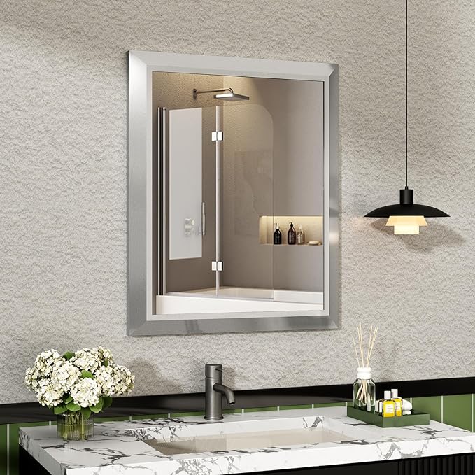 SMIROR 24x28 Brushed Silver Bathroom Vanity Mirror for Over Sink | Metal Wide Frame, Rectangle, Right- Angle Corner, Anti-Rust, Horizontally or Vertically Wall- Mounted for Home Remodel