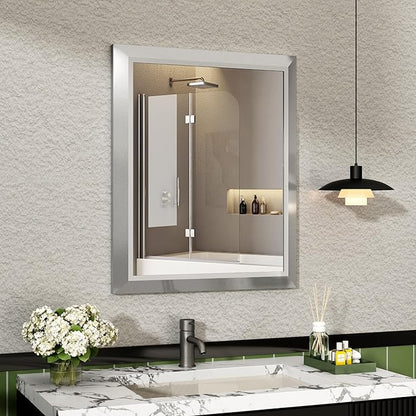 SMIROR 24x28 Brushed Silver Bathroom Vanity Mirror for Over Sink | Metal Wide Frame, Rectangle, Right- Angle Corner, Anti-Rust, Horizontally or Vertically Wall- Mounted for Home Remodel