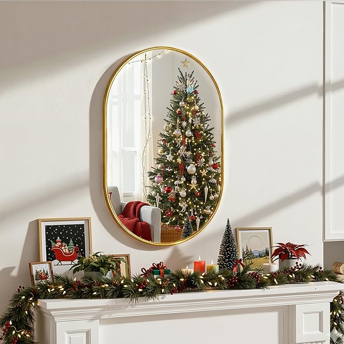Oval Bathroom Mirror for Wall, 20"x30" Gold Bathroom Vanity Mirror | HD Shatterproof Glass, Metal Framed, Oval Vanity Mirrors for Bathroom, Bedroom, Living Room, Entryway, Horizontal or Vertical
