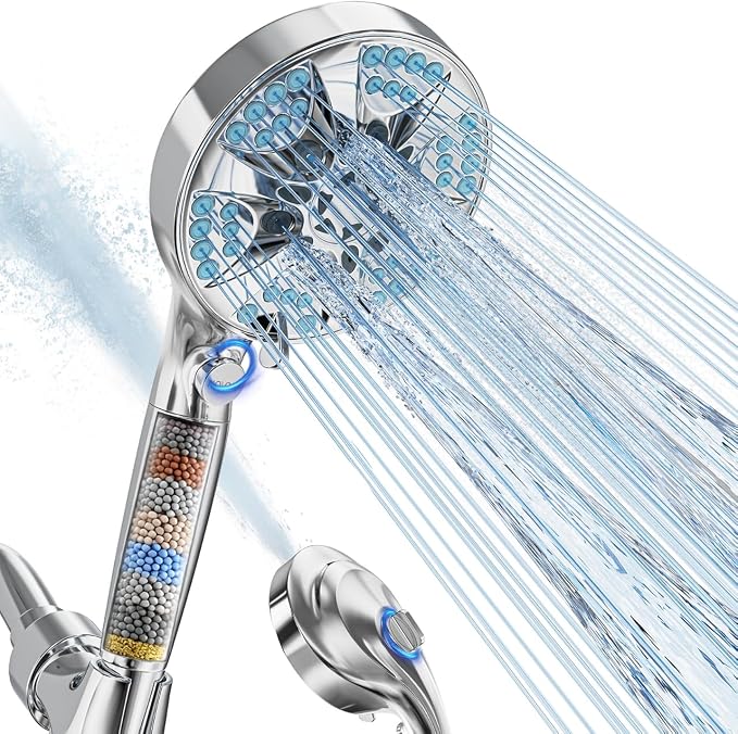 9 Settings Filtered Shower head with Handheld with Power Wash | Hard Water Softener,Remove Chlorine Power Wash for Tub&Tile,ON/OFF Button,6ft Hose,Filtered Shower Head,Premium Chrome