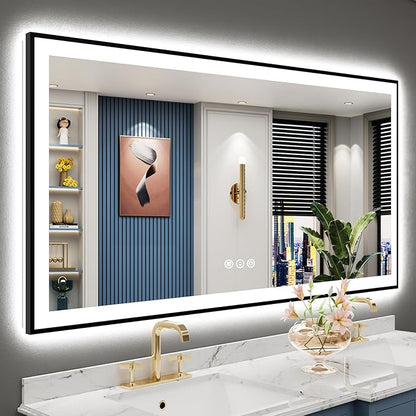 60x30 Black Framed LED Bathroom Mirror with Lights, Backlit and Front Lit Anti-Fog Lighted Vanity Mirrors for Bathroom Wall, Dimmable, 3 Colors, Memory, HD Tempered Glass, Horizontal/Vertical
