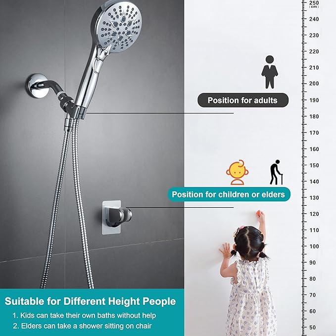 GwernKB Handheld Shower Head with ON OFF Switch & 79in Stainless Steel Hose | Built-in Power Spray,7-Setting High Pressure Spray with Bracket & Extra No Drilling Wall Shower Holder for Lower Mount,Silver