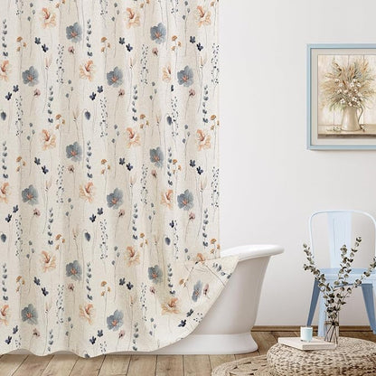 Blue Linen Watercolor Floral Fabric Shower Curtain, 36x72 | Linen Fabric, Modern Minimalist Floral Print, Machine Washable, Rustproof Grommets, for Bathroom Home
