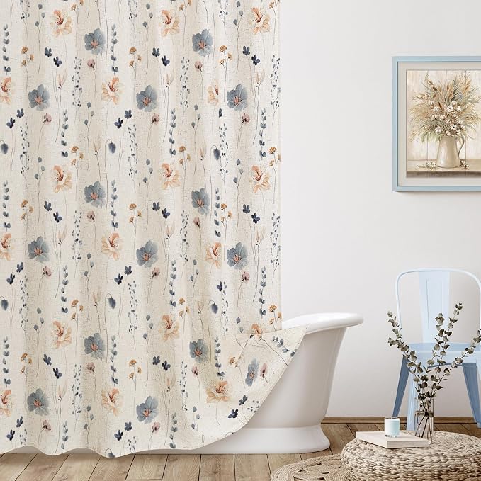 Blue Linen Watercolor Floral Fabric Shower Curtain, 72x84 | Linen Fabric, Modern Minimalist Floral Print, Machine Washable, Rustproof Grommets, for Bathroom Home