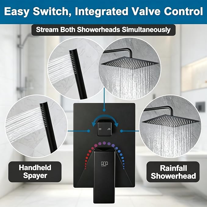 Matte Black Shower Faucet Set Rainfall 10 Inch Shower Head and Handle Set Bathroom Rain Shower System Wall Mounted Shower Fixture Include Shower Valve and Trim Kit