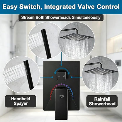Matte Black Shower Faucet Set Rainfall 10 Inch Shower Head and Handle Set Bathroom Rain Shower System Wall Mounted Shower Fixture Include Shower Valve and Trim Kit