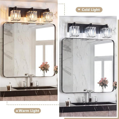 Modern Bathroom Vanity Light, 3-Light K9 Crystal Bathroom Lighting Fixtures Over Mirror, Black Vanity Light with Square Shade