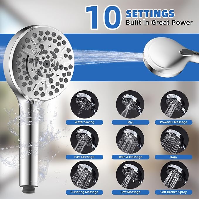 10" Metal Rainfall Shower Head with 10-Mode Handheld, Chrome | NSF/ANSI/CAN 372 Certified, High Pressure Showerhead Combo with 11" Adjustable Shower Arm, 71" Hose, Shower Head Holder