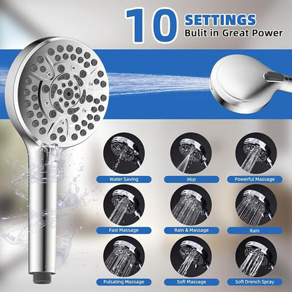 10" Metal Rainfall Shower Head with 10-Mode Handheld, Chrome | NSF/ANSI/CAN 372 Certified, High Pressure Showerhead Combo with 11" Adjustable Shower Arm, 71" Hose, Shower Head Holder