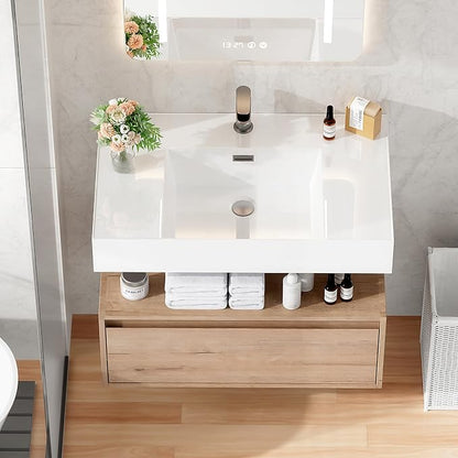 30 Inch Floating Bathroom Vanity with Sink, Modern Wall-Mounted Bathroom Cabinet with Resin Sink & Soft Close Drawer, Split-Level Layout (Nature Oak, 30")