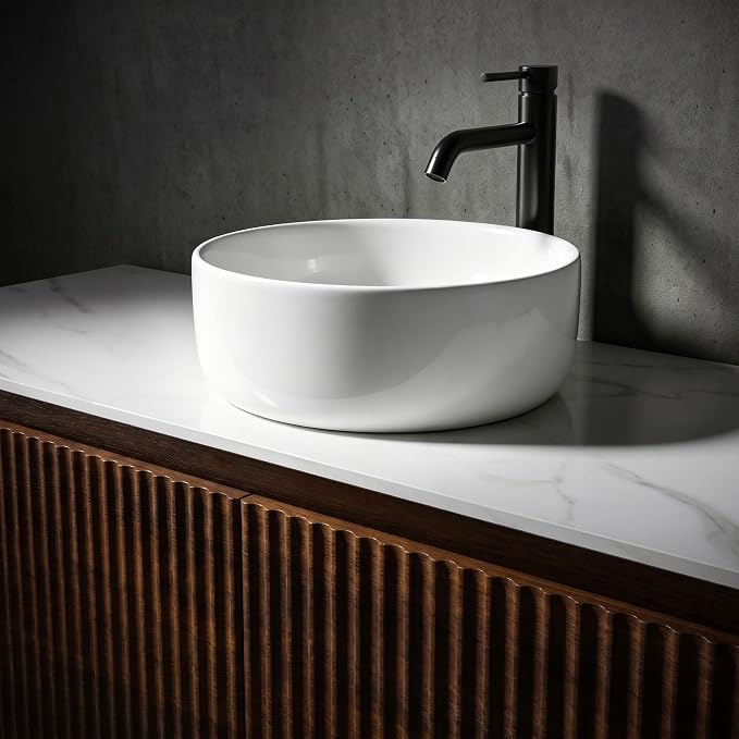 48" Preassembled Floating Bathroom Vanity with Round Sink, Walnut | Mid-Century Modern Style, Fluted & Soft-Close Drawer with U-shaped Wall, Sinterted Stone Countertop, Towel Rack Included