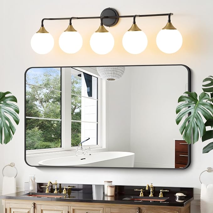 Black Gold Bathroom Light Fixtures Over Mirror Vanity 5-Light | Mid Century Modern Matte Black Gold Wall Sconce with Milky White Glass Ball Shades for for Bathroom Dressing Table Bedroom