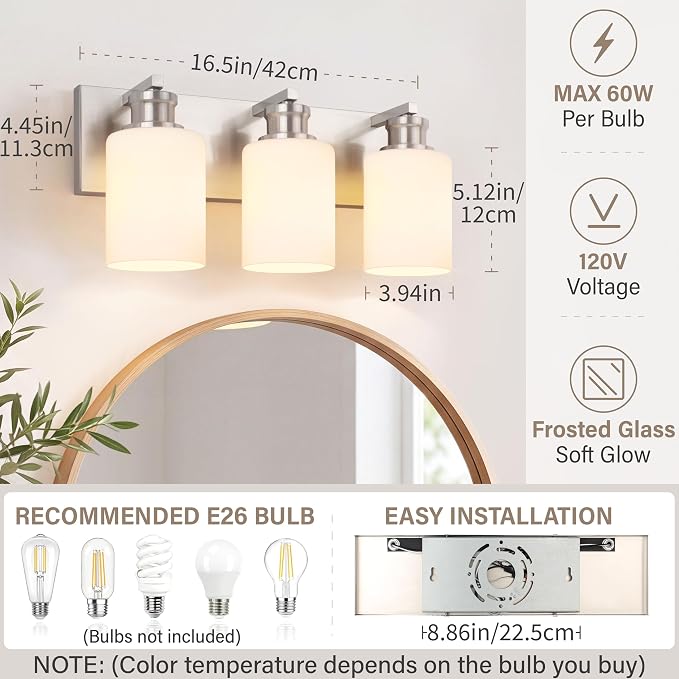 3-Light Bathroom Light Fixtures, Brushed Nickel Vanity Light Over Mirror | Modern Vanity Lights for Bathroom with Milky White Glass Shade, Wall Lamp for Kitchen Bedroom Hallway Living Room, 16.5 Inch