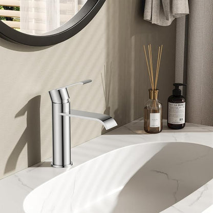FORIOUS Waterfall Chrome Bathroom Faucet 1 Hole Rv Bathroom Sink Faucet Set | Single Handle Waterfall Bathroom Faucet Single Hole, Polished Chrome Faucet for Bathroom Sink One Hole with Plate and Drain