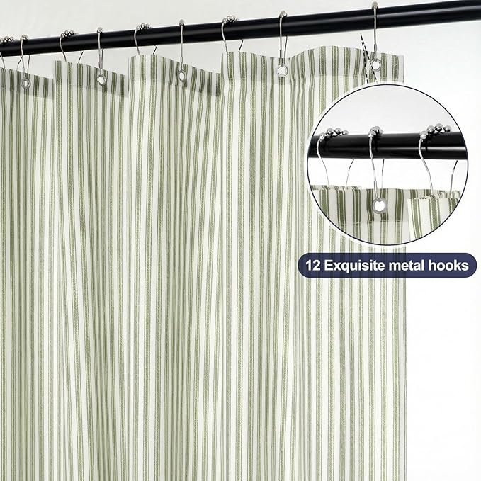 Stripe Cotton Toile Shower Curtain Ticking Stripe Woven Print Curtain Bathroom Decor for Traditional and Contemporary Style Kitchen Bath Home(Green and White,72 x 72 Inches)