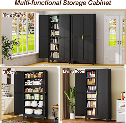 75" Black Tall Metal Storage Cabinet with 2 Doors and 5 Adjustable Shelves,Steel Garage Tool Cabinet, File Cabinet,Kitchen Pantry Cabinet for Home,Office,Garage,School,Warehouse