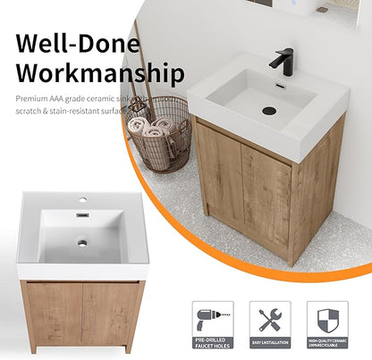 24'' Freestanding Bathroom Vanity, 24 Inch Floor Stand Bathroom Vanity with Sink, Single Resin Sink Cabinet Set, Modern Storage Cabinet, with Soft Closing Door, 03624IMO+24120MMO