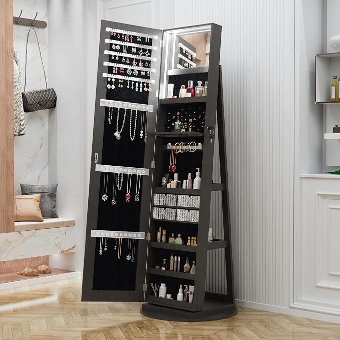 Lockable Mirror Jewelry Cabinet Standing, Full Length Mirror with Storage, 360° Swivel Jewelry Organizer Armoire, Black
