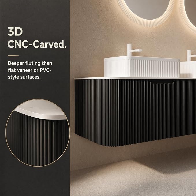 60 Inch Double Sink Bathroom Vanity, Floating Wall Mounted Cabinet, Black Curved Fluted Front, Stone Top, Dual White Textured Rectangular Vessel Basins, Pre-Assembled