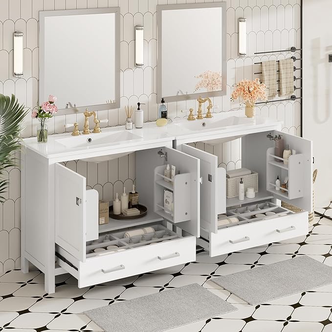 72" White Bathroom Vanity with Double Sink, 72 Inch Bathroom Vanity Set with Double Vanities (Separate), 2 Bathroom Vanities with Sink, Storage Shelf, and Divided Drawers (Mirror not included)