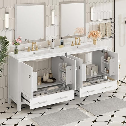72" White Bathroom Vanity with Double Sink, 72 Inch Bathroom Vanity Set with Double Vanities (Separate), 2 Bathroom Vanities with Sink, Storage Shelf, and Divided Drawers (Mirror not included)