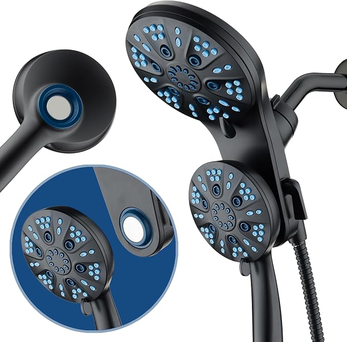 AquaCare Magneton 48-Mode High Pressure Rain & Handheld Shower Head Combo | Space-age Magnetic Guidance Docking, Dual 6-mode Heads with Hygienic Jets, Extra-long 6 ft. Stainless Steel Hose / Black