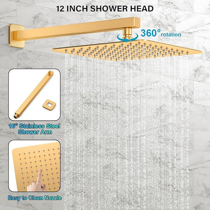 FPXRNG Shower Faucet Set Rainfall Shower System with Square Shower Head and Handle Set Rough-in Valve and Metal Trim Kit Included Paint Gold 12 Inch Wall Mounted Shower Fixtures