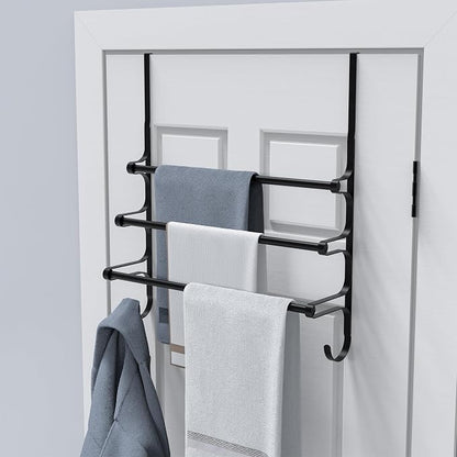 CANYAVE Over The Door Towel Rack, Extendable Triple Towel Storage Holder with Hooks, 24.02 Inches Towel Bar Hanger Towel Racks for Bathroom (Black)