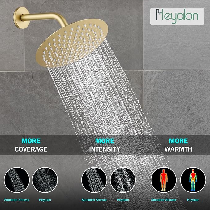 Heyalan 8-Inch Round Rain Shower Faucet Set with Valve,Brushed Gold | SUS304 stainless steel shower head, brass rough-in valve, single-handle control, 1.8 GPM, ideal for bathroom remodels
