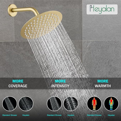 Heyalan 8-Inch Round Rain Shower Faucet Set with Valve,Brushed Gold | SUS304 stainless steel shower head, brass rough-in valve, single-handle control, 1.8 GPM, ideal for bathroom remodels