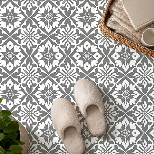 Gray White Floral Geometric Peel and Stick Floor Tiles 12x12 Inch 10PCS | Gray and white floral geometric pattern vinyl floor stickers for kitchen bathroom entryway and indoor home decor