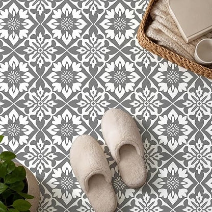 Gray White Floral Geometric Peel and Stick Floor Tiles 12x12 Inch 10PCS | Gray and white floral geometric pattern vinyl floor stickers for kitchen bathroom entryway and indoor home decor