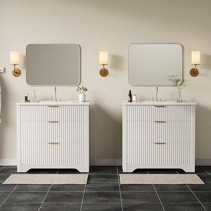 IDEALHOUSE 36" White Fluted Bathroom Vanity with Sink, Farmhouse Freestanding Bathroom Sink Cabinet with 2 Drawers & 1 Flip-Down Drawer, Easy Assembly & Cleaning