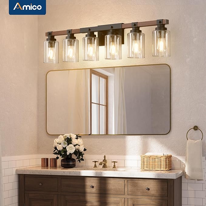 Amico Farmhouse Bathroom Vanity Light Fixtures,Rustic 6-Light Industrial Painted Wood Lights,Vintage Black Wall Sconces Bathroom Vanity Lighting with Bubble Glass Shade
