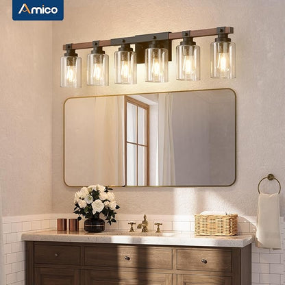 Amico Farmhouse Bathroom Vanity Light Fixtures,Rustic 6-Light Industrial Painted Wood Lights,Vintage Black Wall Sconces Bathroom Vanity Lighting with Bubble Glass Shade