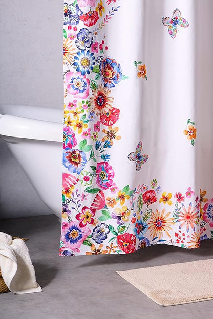 Maison d' Hermine Shower Curtain 100% Cotton One Panel 70"x72" Washable Fabric Shower Curtains for Bathroom, Easy Hanging with 12 Button Holes - Spa Easter Gifts (Happy Florals - High Summer)