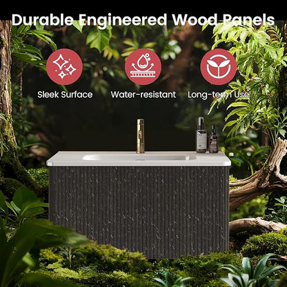 30" Floating Bathroom Vanity with Sink, Modern Wall Mounted Floating Vanity with Ceramic Sink, Push to Open Soft-Close Drawer for Apartment, Hotel, Blackish Brown Oak