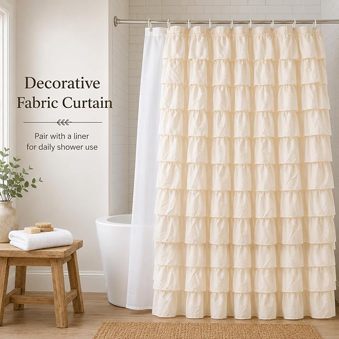 Beige Ruffle Shower Curtain for Bathroom, 72x84 inch, Elegant Ruffled Panel | Ruched Fabric Texture, Cascading Waterfall Ruffles, Extra-Long 72 X 84, 12 Hooks Included, Machine Washable, Opaque Rustic