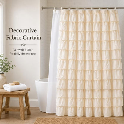 Beige Ruffle Shower Curtain for Bathroom, 72x84 inch, Elegant Ruffled Panel | Ruched Fabric Texture, Cascading Waterfall Ruffles, Extra-Long 72 X 84, 12 Hooks Included, Machine Washable, Opaque Rustic