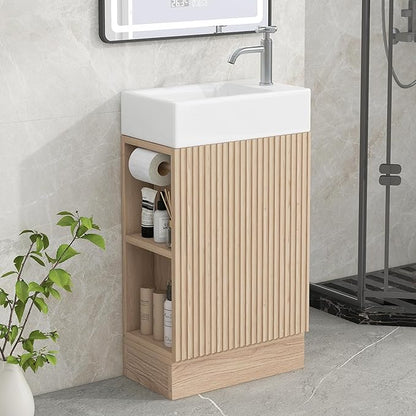 Harper & Bright Designs 18.6" Bathroom Vanity with Sink, Free Standing Single Basin Vanity Set with Storage Cabinet & Two-Tier Shelf, Wooden Bath Cabinet with Ceramic Basin for Bathroom, Natural