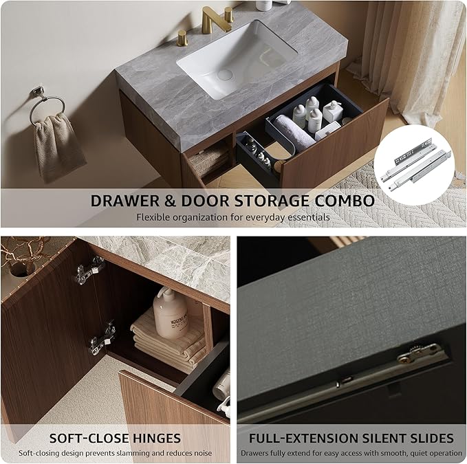 30” Floating Bathroom Vanity with Sink, Wall-Mounted Cabinet with Drawer & Doors, Gray Travertine-Pattern Sintered Stone Top, Undermount Basin, 3 Faucet Hole, Soft-Close, Pre-Assembled, Brown Oak