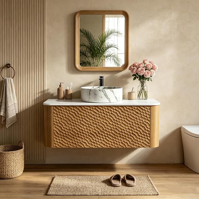 36 Inch Modern Bathroom Vanity with Ceramic Sink, Floating Bathroom Vanity Cabinet with Sintered Stone Top&Solid Wood Hammered Frame, Single Sink Bathroom Vanities w/Soft-Close Drawers,Natural
