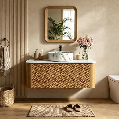 36 Inch Modern Bathroom Vanity with Ceramic Sink, Floating Bathroom Vanity Cabinet with Sintered Stone Top&Solid Wood Hammered Frame, Single Sink Bathroom Vanities w/Soft-Close Drawers,Natural