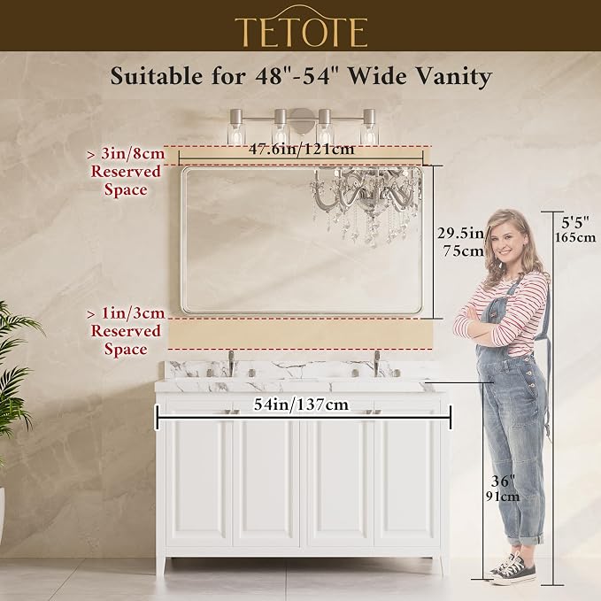 Black Mirrors for Wall 48 x 30 Beveled Edge Tempered Glass, Rounded Corner Rectangle Framed Mirror for Modern Bathroom, Living Room, Bedroom, Entryway