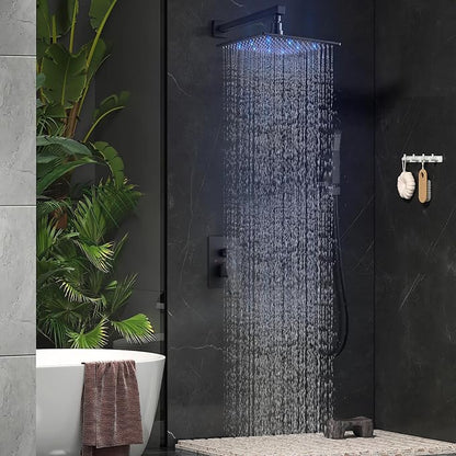 Aolemi Shower Faucet Set with Valve Handheld 10" LED Head Matte Black | Handheld Spray,10 Inch Rain LED Head,Valve and Trim Kit,All Metal,Wall Mount Shower System,Bathroom Mixer