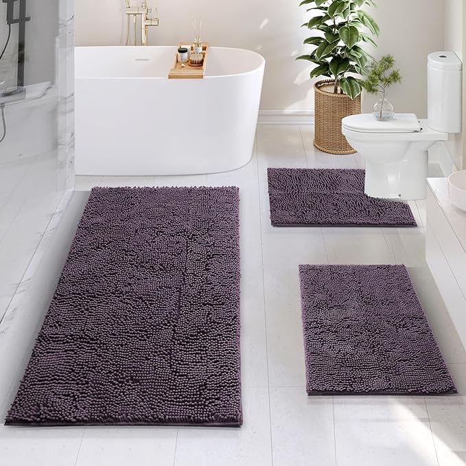 Hearth & Harbor Bathroom Rugs, Chenille Bath Mat - Machine Washable Bath Mats for Bathroom Non-Slip Backing Rubber, Quick Dry Mat - Purple Bath Rug, 17x24-26x44-20x24