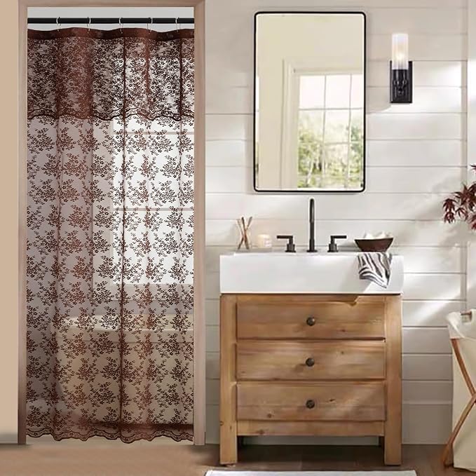 TUDECO Brown Lace Stall Shower Curtains for Narrow Bathroom, 36''W x 72''L | Half Size, Vintage Floral, Sheer, Masculine, Scalloped Edges, Attached Valance, Reinforced Holes, Machine Washable