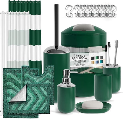 Clara Clark Bathroom Accessories Set - 23PC Shower Curtain Set with Bathroom Trash Can, Green Bathroom Set, Bathroom Sets with Shower Curtain and Green Rugs