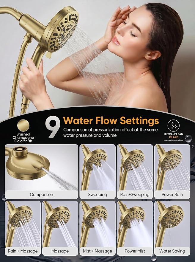 High Pressure Handheld Shower Head Brushed Gold- Anti-clog Nozzles, Built-in Power Wash to Clean Tub, Wall & Overhead Brackets,Magnetitc Rainfall Showerhead with handheld