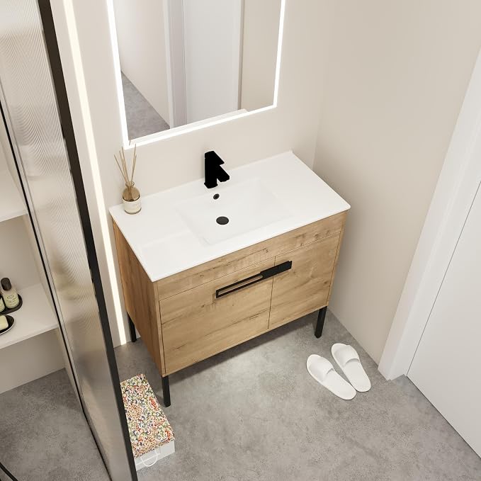 2-in-1 Wall Mounted & Free Standing Bathroom Vanity with Sink Modern 36" Bathroom Vanity with Top Basin&Storage Cabinet Brown Oak Wood Bath Vanity w/Ceramic Sink for Small Space-Legs Removable